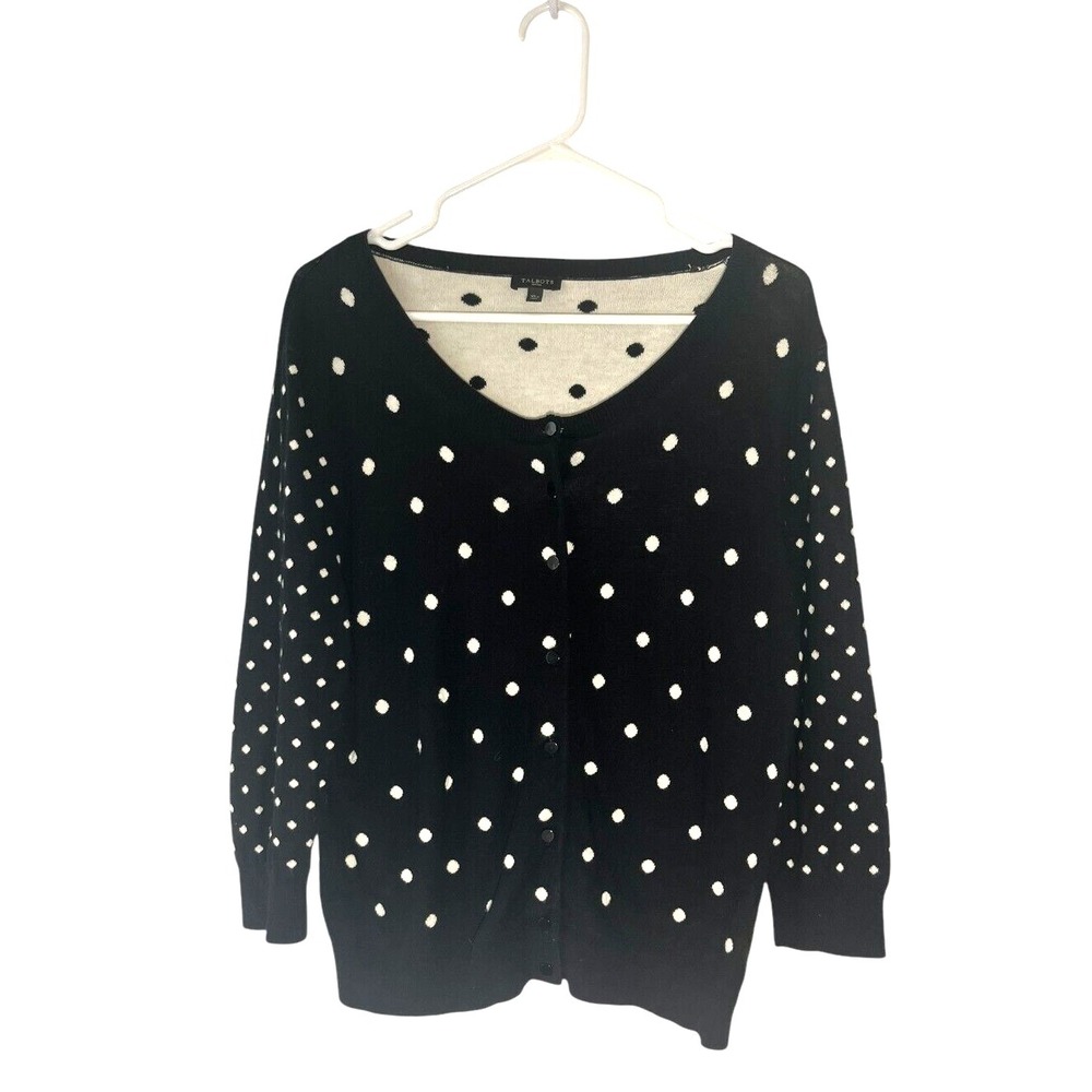 Talbots Petites Women's Polka Dot Cardigan Sweater Black/White XLP 3/4 Sleeve